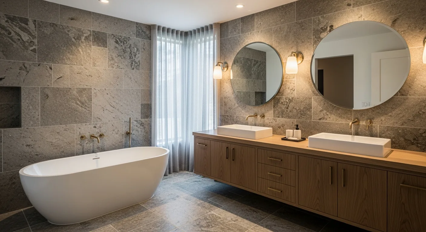 Spa-inspired bathroom remodel in Sacramento with walk-in glass shower by Modern Green Construction