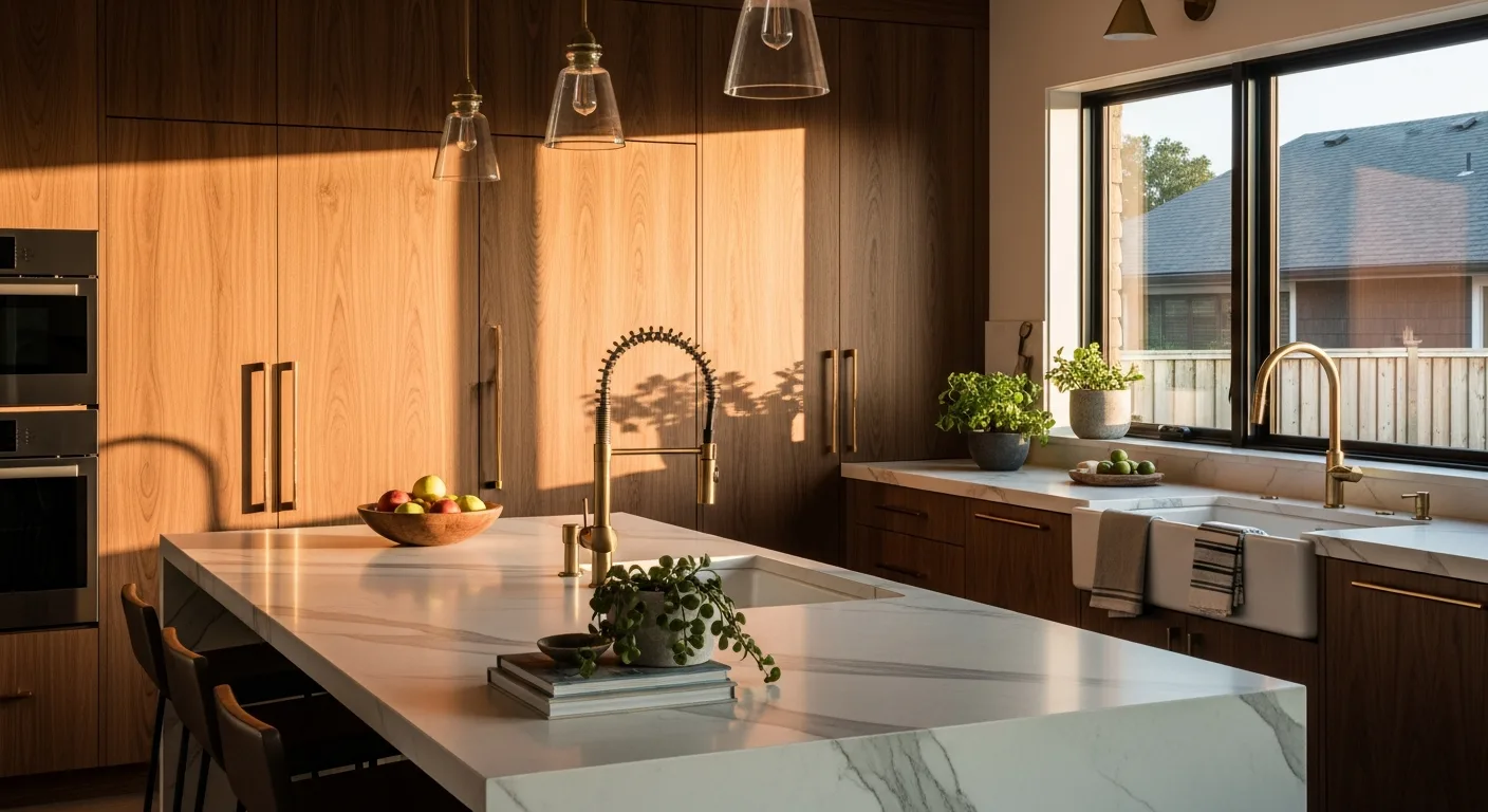 Luxury kitchen remodel in Sacramento with custom cabinetry and stone island by Modern Green Construction